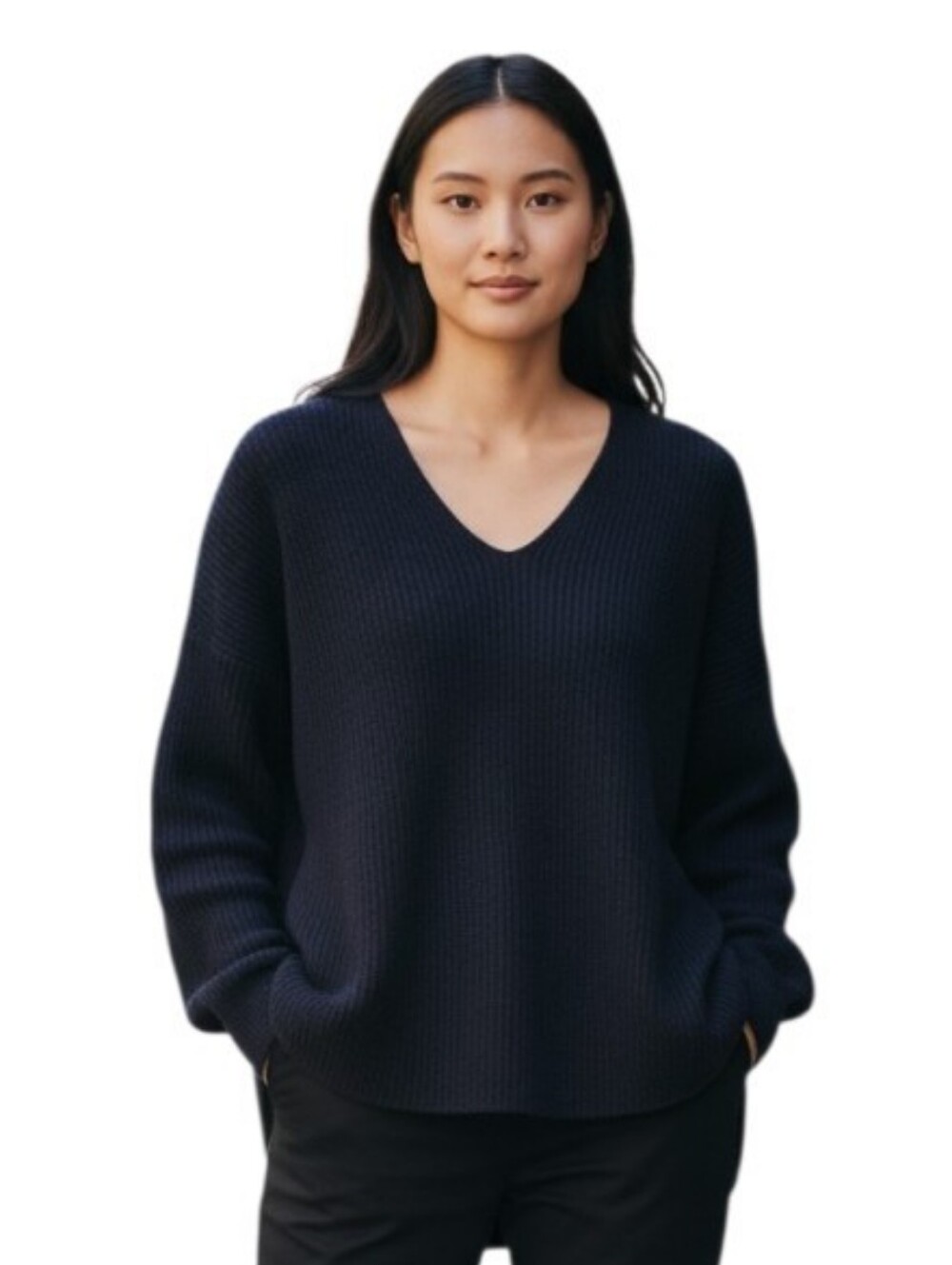Uniqlo Minimalist Black Cotton V-neck Long Sleeve Sweater High Low Hem sz small
